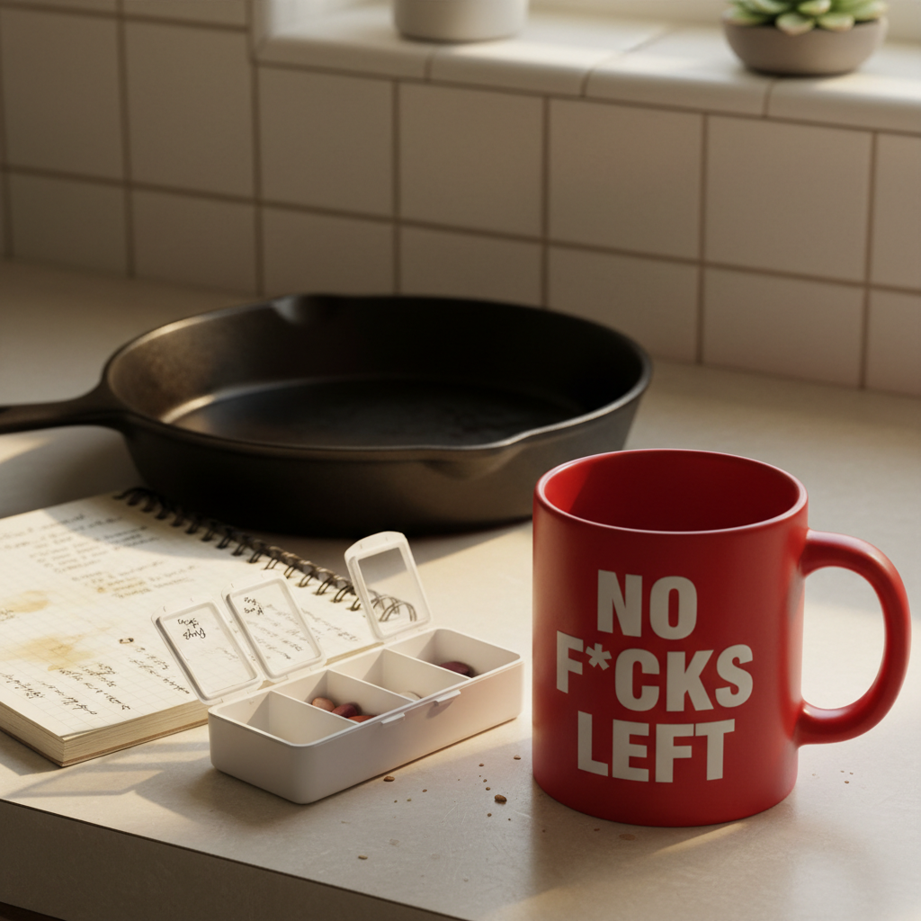 A kitchen countertop scattered with unapologetic signs of age: a well-used cast iron skillet, a slightly stained spiral notebook full of handwritten recipes, a pill organizer pushed casually aside, and a bold, bright ceramic coffee mug that reads "No F*cks Left" in large, unapologetic lettering. Morning light streams through a nearby window, creating sharp highlights on the skillet’s blackened surface and subtle reflections on the glossy mug. Shot from a slightly elevated angle in crisp photographic realism, the frame is tightly composed to emphasize the contrast between domestic routine and rebellious humor. The mood is candid, irreverent, and unfiltered, reflecting the everyday reality of life after 60 without sentimentality.
