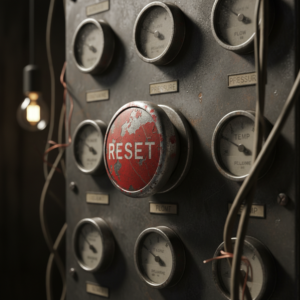 A close-up of a heavily scratched metal "reset" button mounted on a vintage industrial control panel, its red paint chipped and faded. Around it, dull gray dials, worn labels, and frayed cables hint at decades of use. Harsh side lighting from a single bare bulb creates dramatic contrast, accentuating every scratch, dent, and imperfection in photographic detail. The background falls into deep shadow, leaving the button as the clear focal point in a rule-of-thirds composition. The atmosphere is defiant and empowering, symbolizing hitting reset on life after 60 with zero hesitation and no concern for anyone’s expectations.