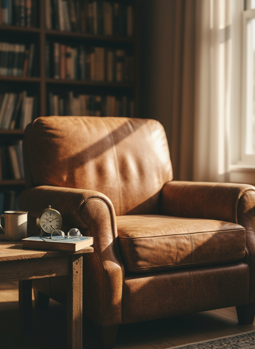 A well-worn leather armchair with deep creases and a slightly cracked patina sits squarely in the center of a cozy, book-lined room. A small side table nearby holds a chipped ceramic mug, an analog alarm clock, and a pair of reading glasses left open on a dog-eared paperback. Late afternoon golden light pours through a window, casting bold, angular shadows and emphasizing the textures of leather, paper, and wood. Photographic realism, shot at eye level with a shallow depth of field, keeps the armchair in razor focus while the shelves blur into soft bokeh. The mood is bold, unapologetic comfort, suggesting a life over 60 that has absolutely nothing left to prove.