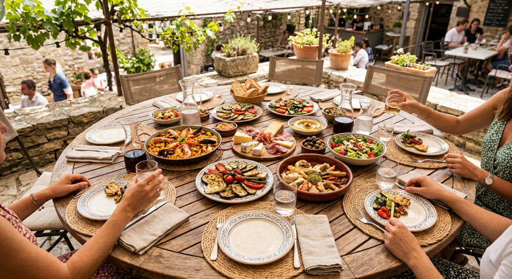 Circular wooden table outdoors set with Mediterranean tapas including seafood, grilled vegetables, salad, cheese and charcuterie, with people seated around